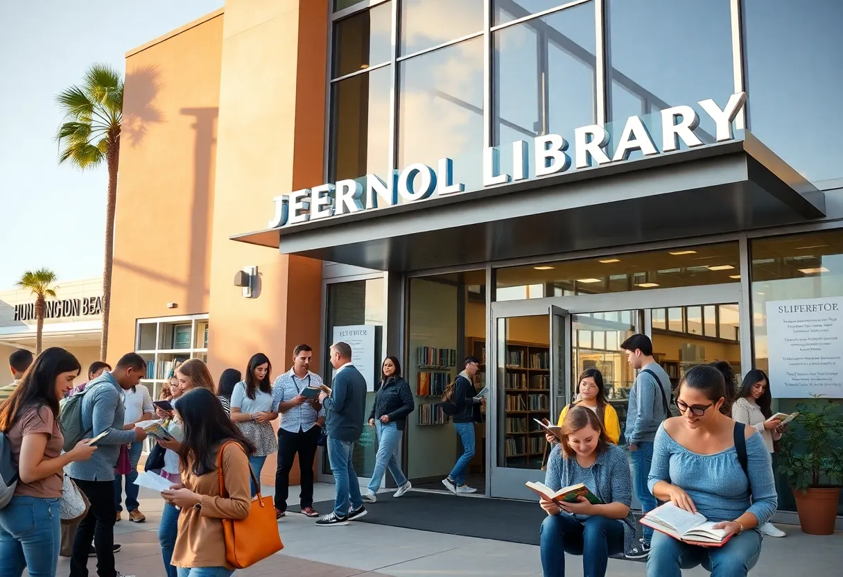 People exploring books outside Huntington Beach Public Library
