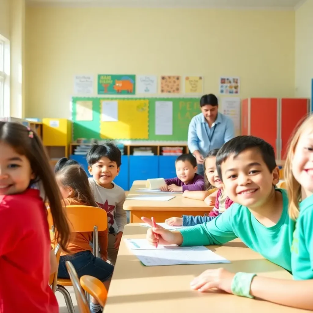 Students and teachers celebrating the first day of school in Huntington Beach