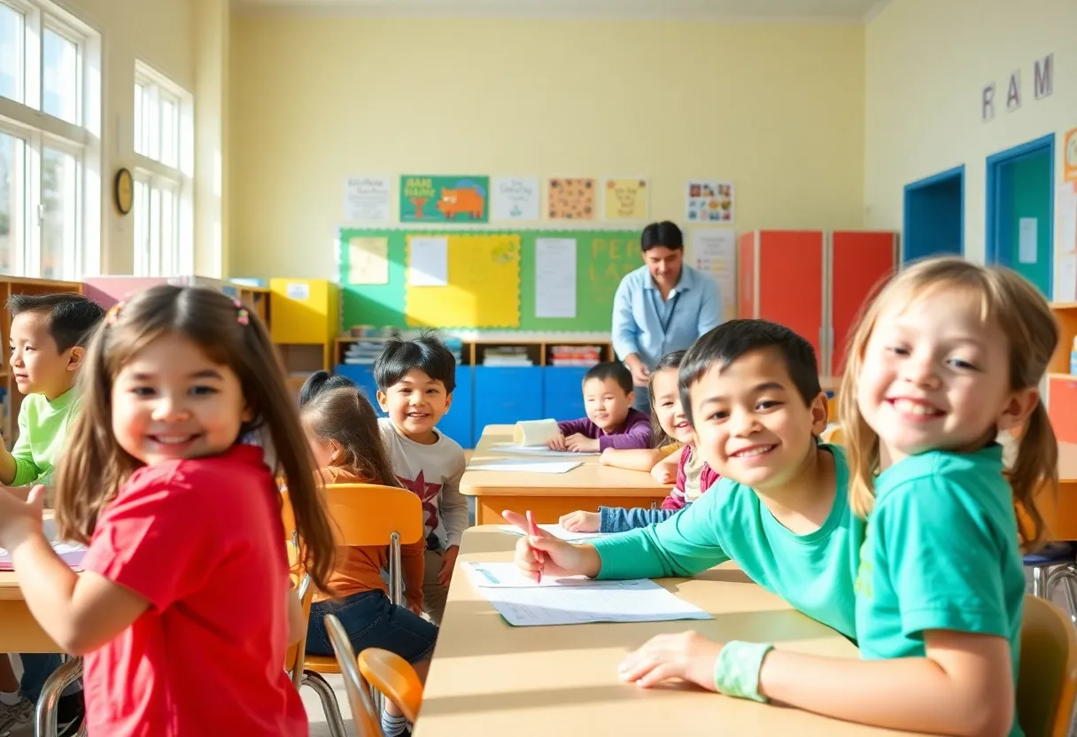 Students and teachers celebrating the first day of school in Huntington Beach