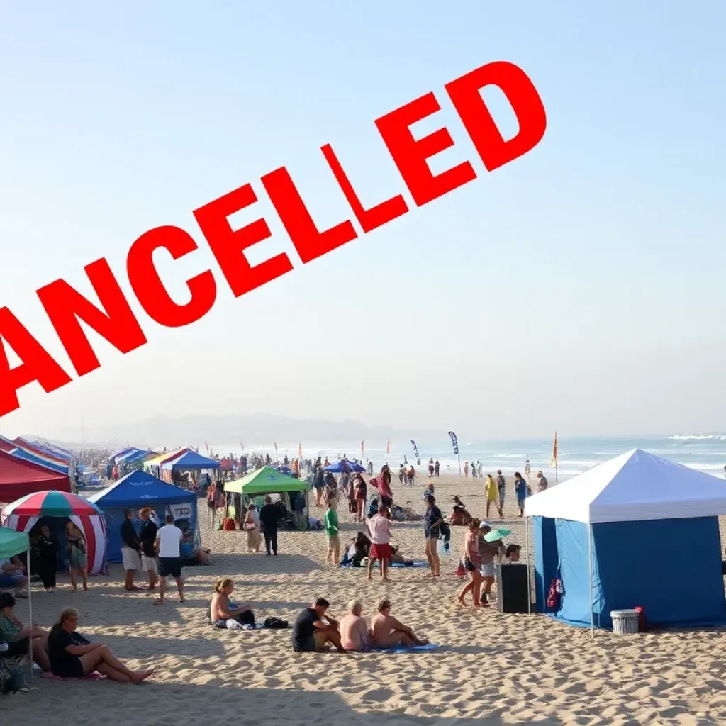 Beach scene at Huntington Beach with small waves and festival atmosphere