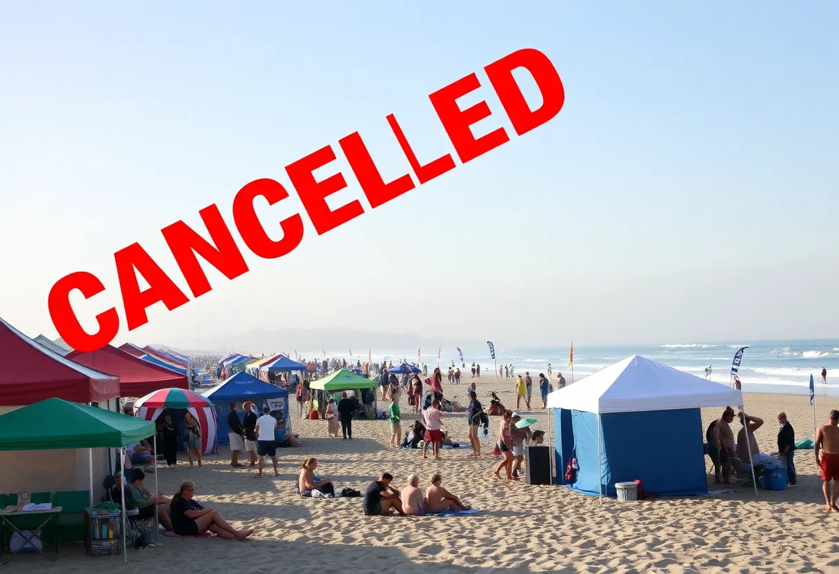 Beach scene at Huntington Beach with small waves and festival atmosphere