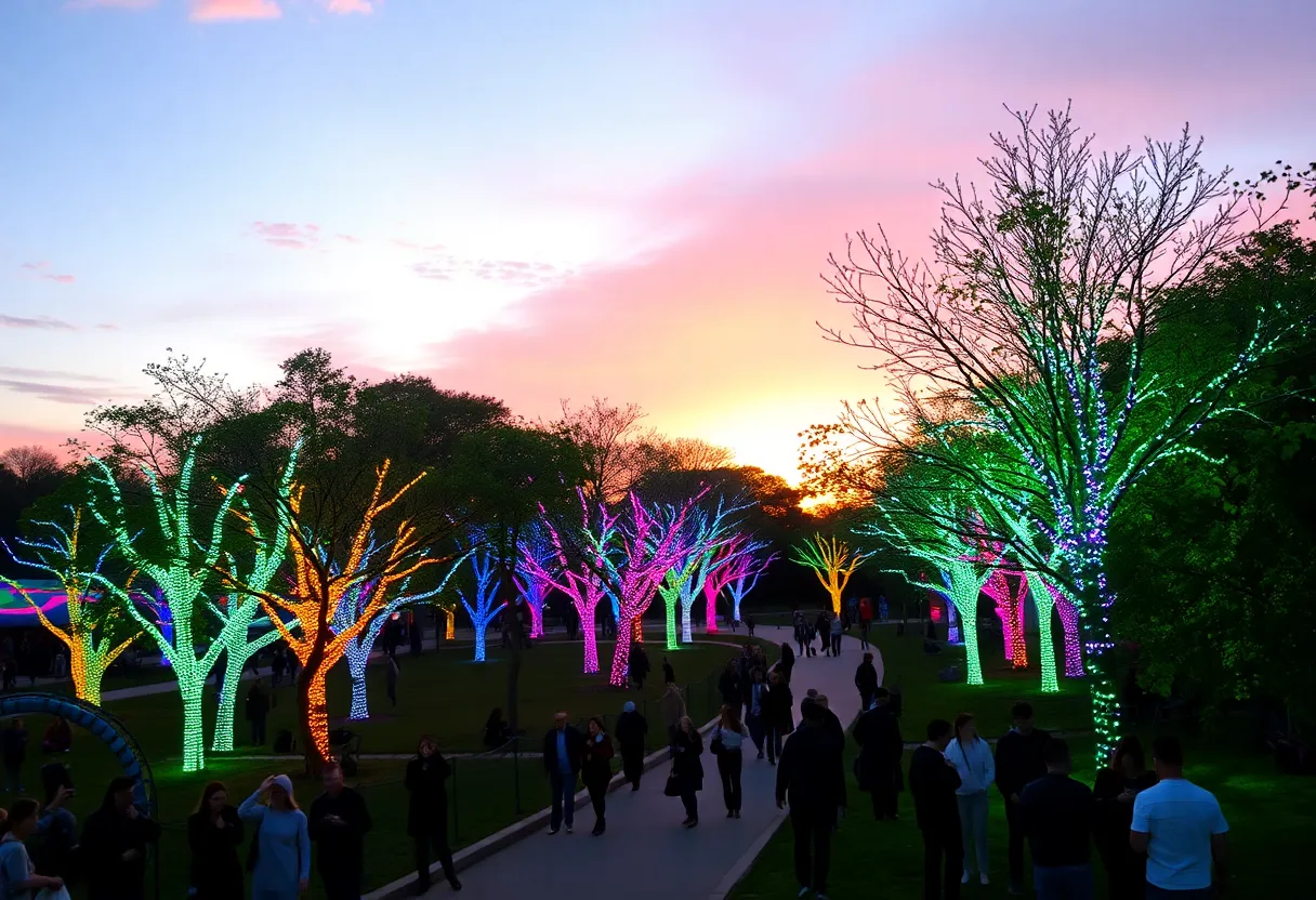 A colorful light display in Huntington Beach Central Park during a light show