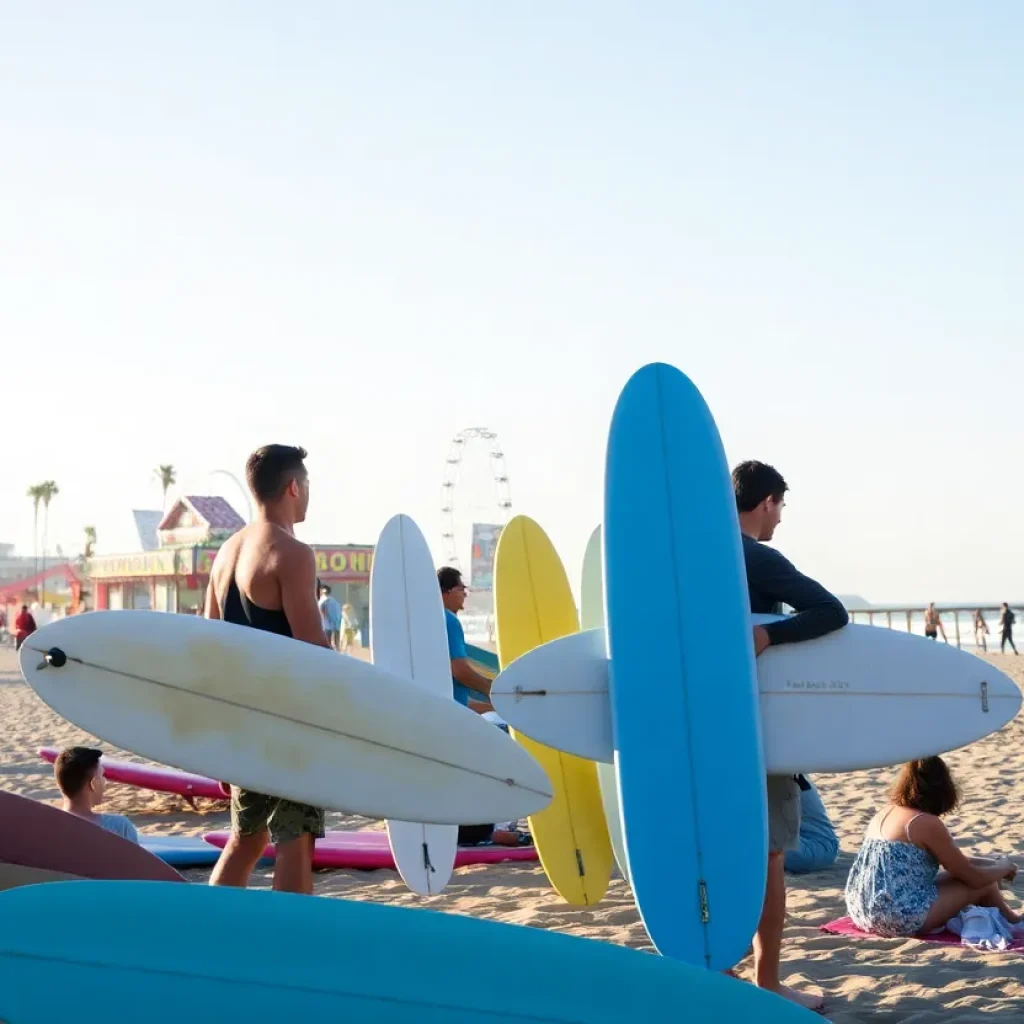 Colorful festival scene at Huntington Beach with surfers and beach activities