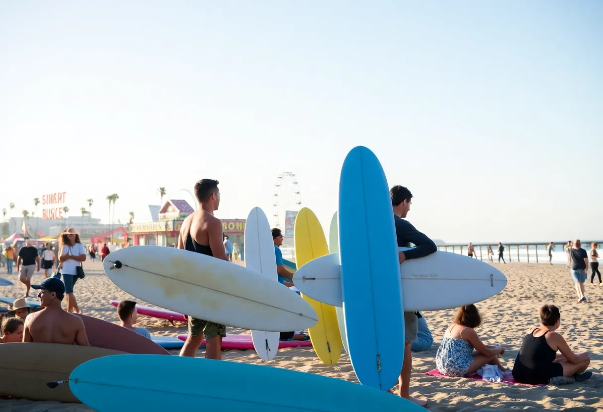 Colorful festival scene at Huntington Beach with surfers and beach activities