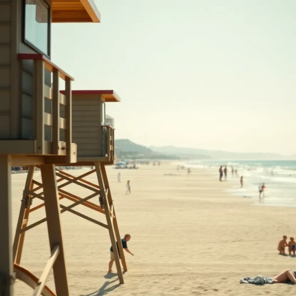 Huntington Beach with lifeguard tower monitoring the waters