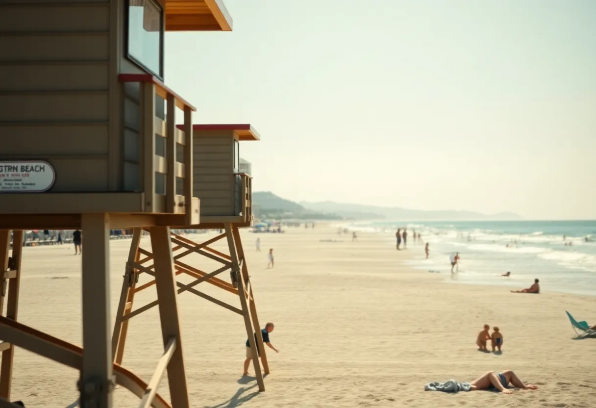 Huntington Beach with lifeguard tower monitoring the waters