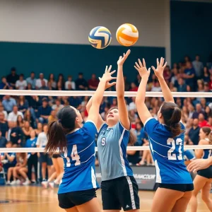 A moment from the Jamestown vs Vanguard men's volleyball match displaying action and excitement.
