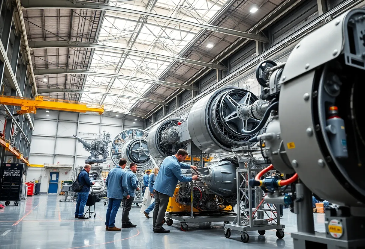 A view of Karman Space & Defense's modern facility with engineers working on aerospace technology.