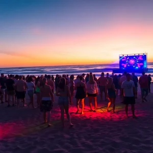 Festival goers dancing at Huntington Beach during Kaskade's Sun Soaked Festival