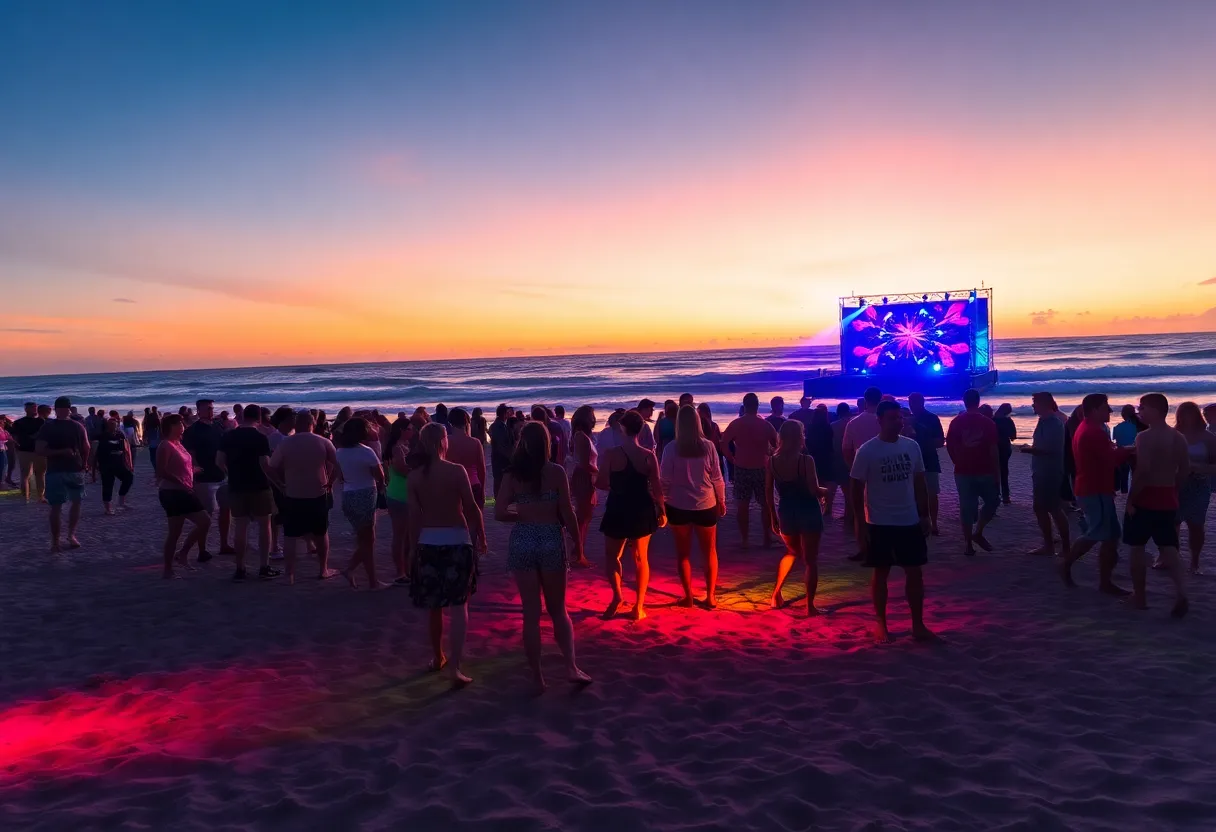 Festival goers dancing at Huntington Beach during Kaskade's Sun Soaked Festival
