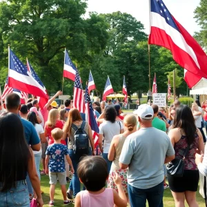People celebrating Labor Day at a rally with flags and music