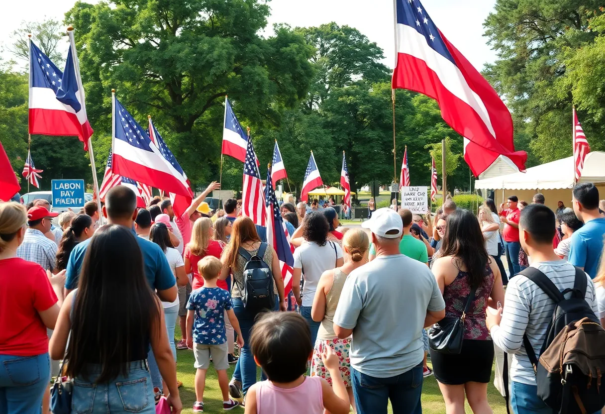 People celebrating Labor Day at a rally with flags and music