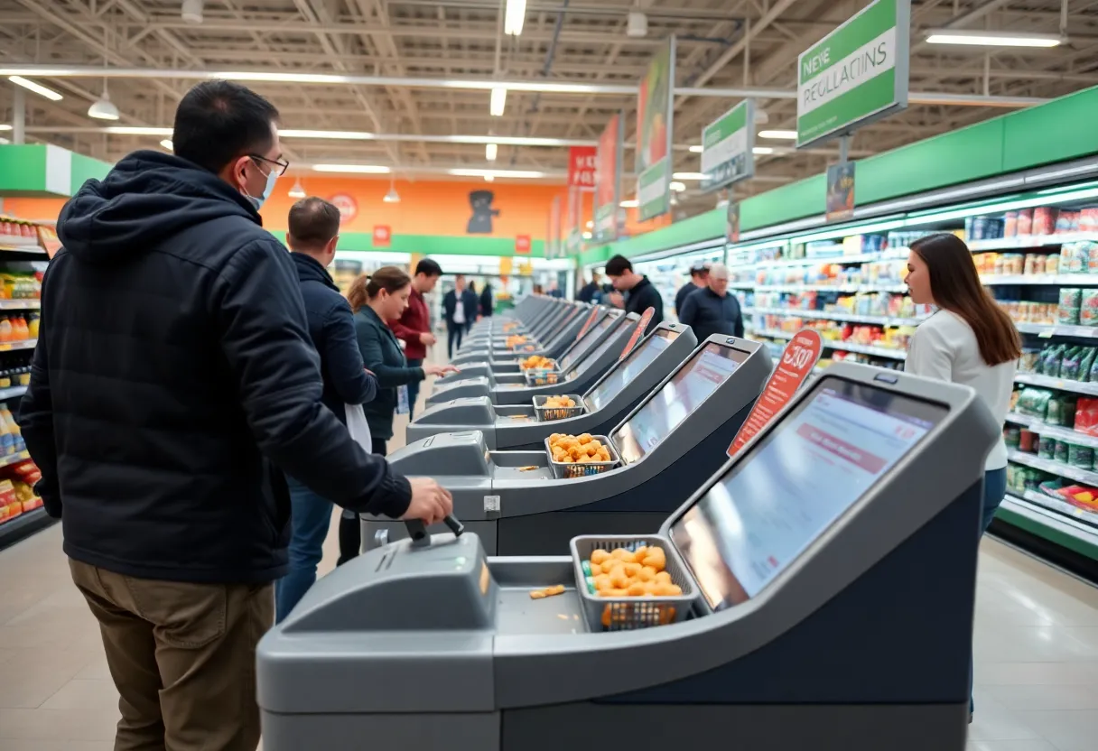 Self-checkout stations in a grocery store with staff supervision