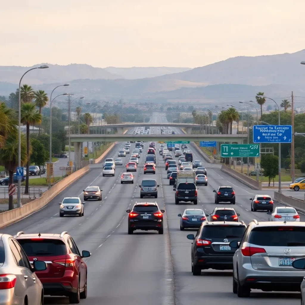 Traffic on a Los Angeles highway with visible gas stations
