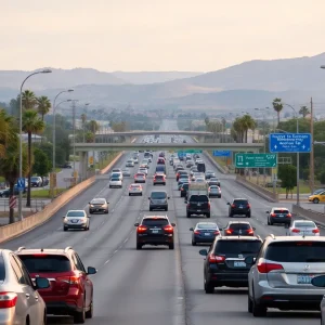 Traffic on a Los Angeles highway with visible gas stations