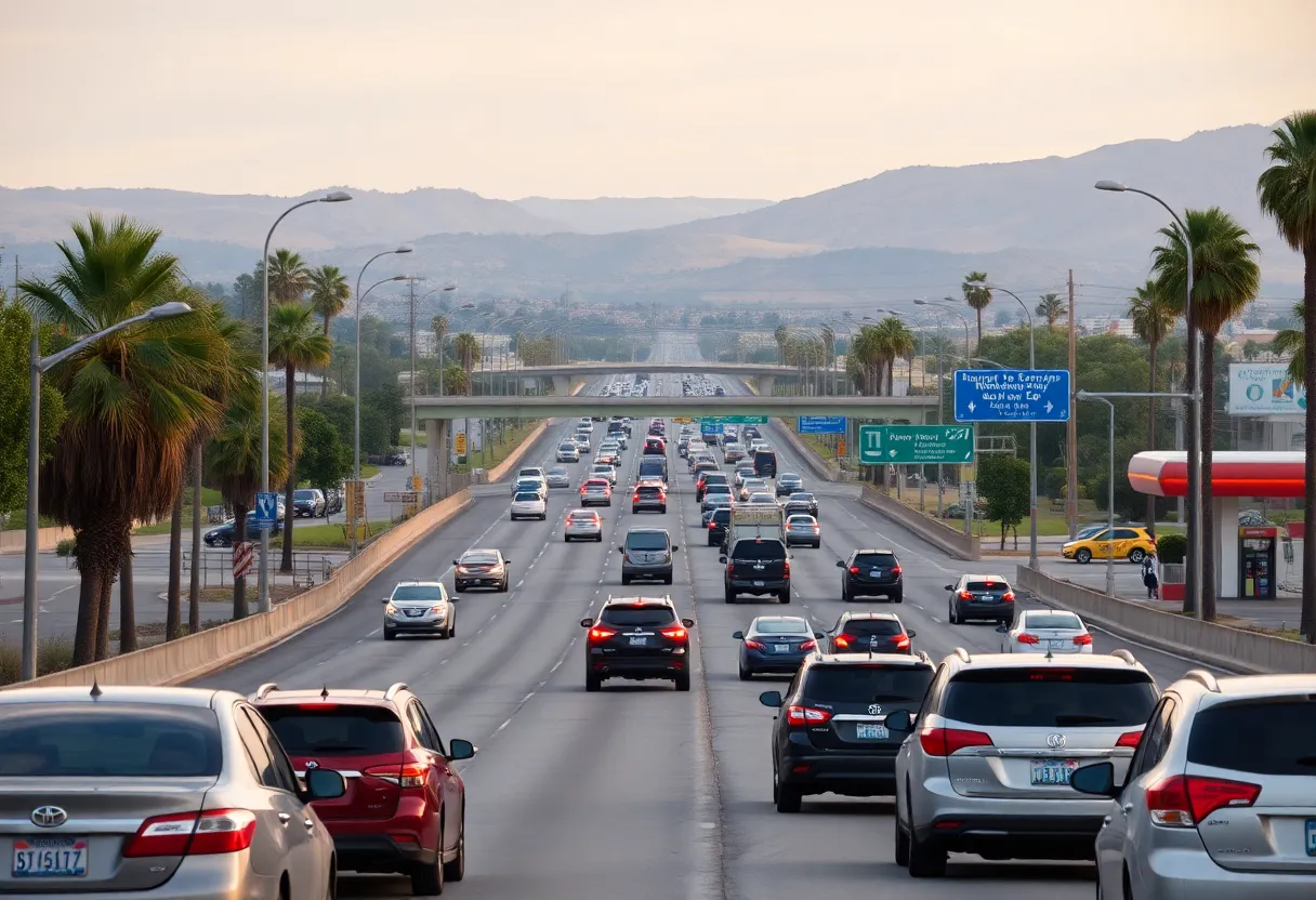 Traffic on a Los Angeles highway with visible gas stations