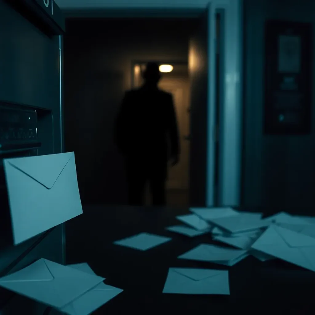 Empty mail slot in a post office with envelopes scattered