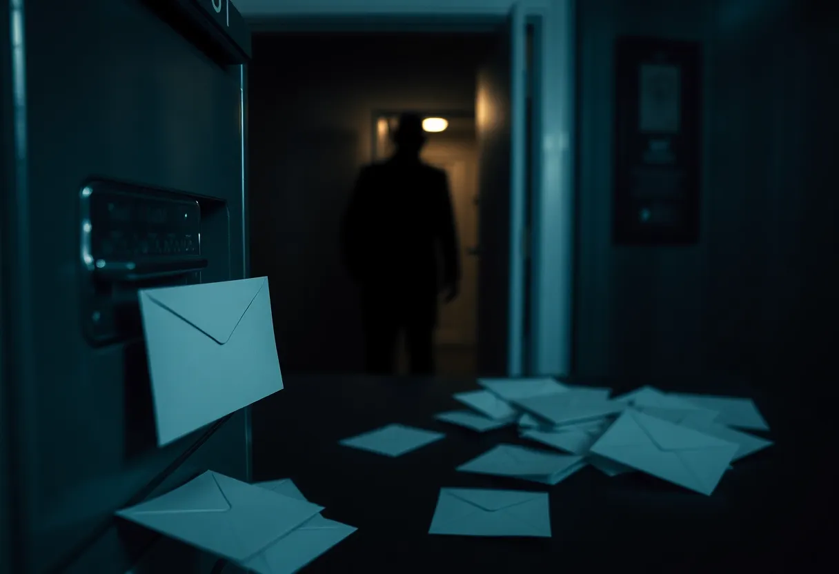 Empty mail slot in a post office with envelopes scattered