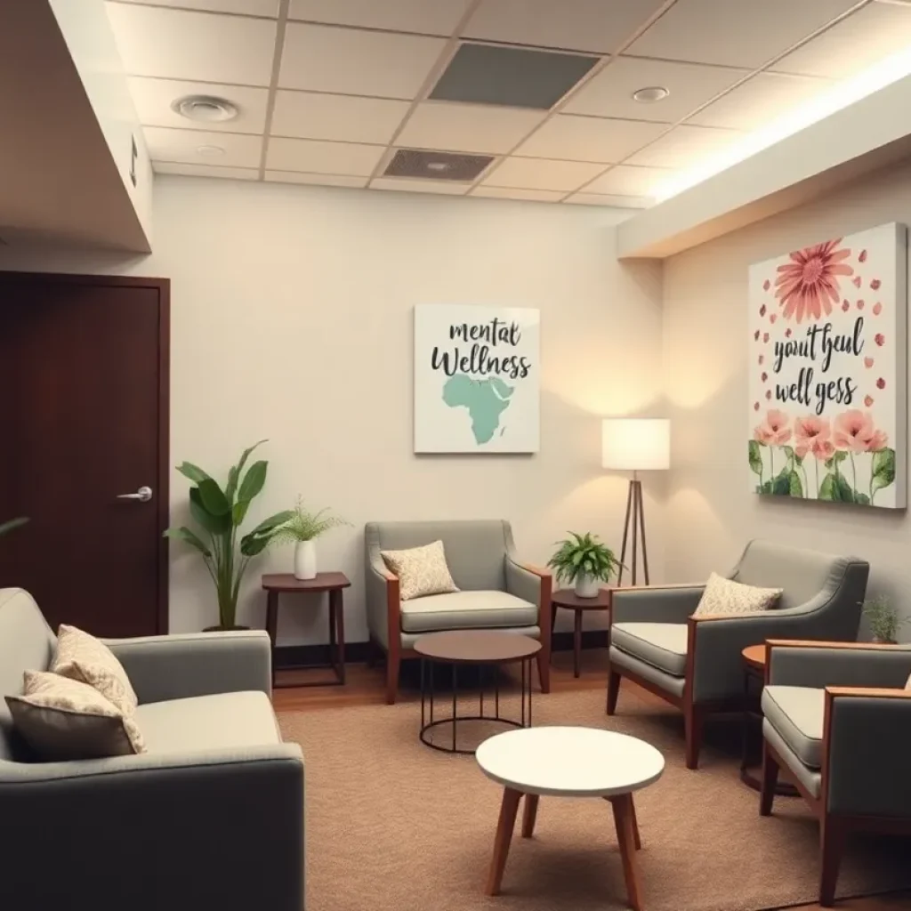 Calm therapy room for mental health treatments including Transcranial Magnetic Stimulation.