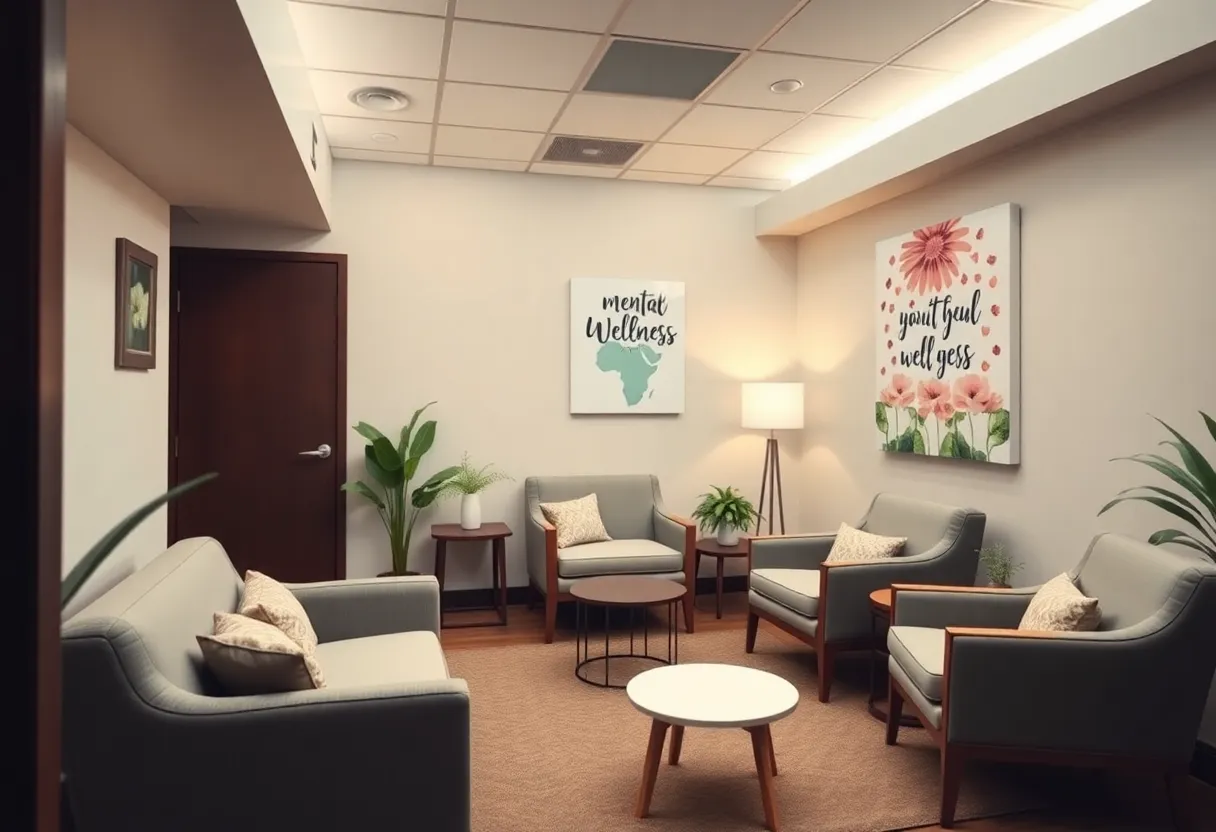 Calm therapy room for mental health treatments including Transcranial Magnetic Stimulation.