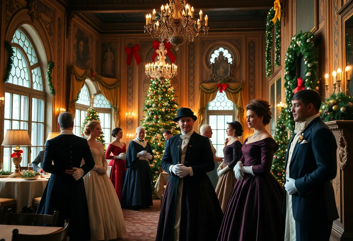 Scene from Miss Bennet Christmas at Pemberley with festive decorations