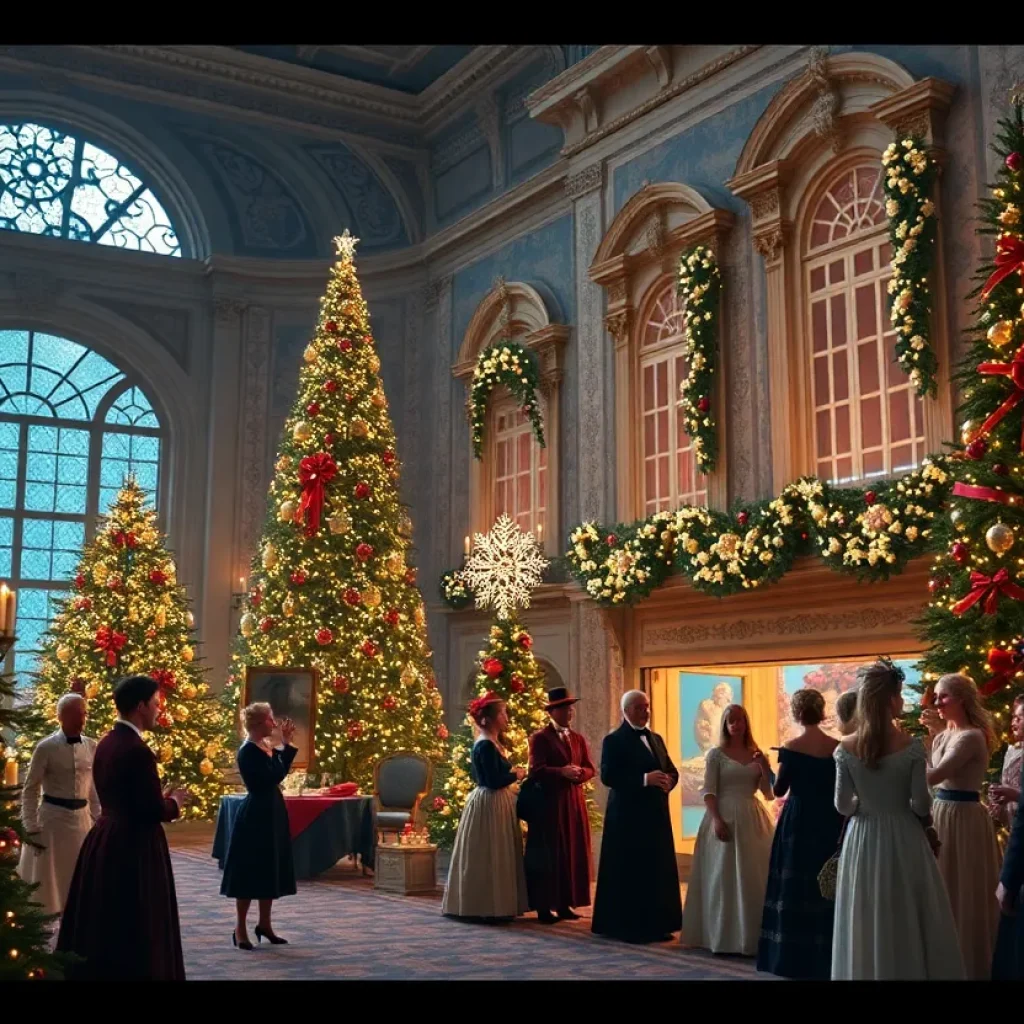 A festive scene from 'Miss Bennet: Christmas at Pemberley' showcasing actors in traditional attire.