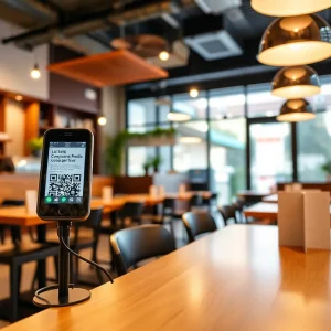 Inside view of a restaurant showing digital payment options with a QR code.