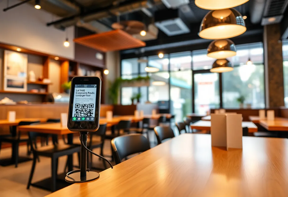 Inside view of a restaurant showing digital payment options with a QR code.