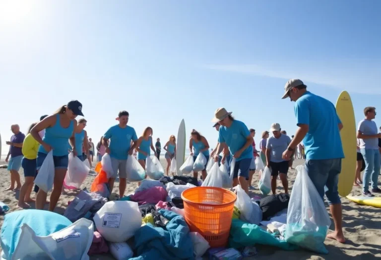 Volunteers participating in a beach cleanup at Newport Beach