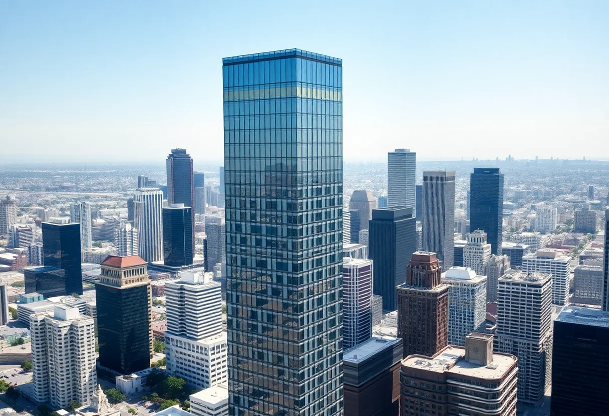 Aerial view of One California Plaza in Los Angeles