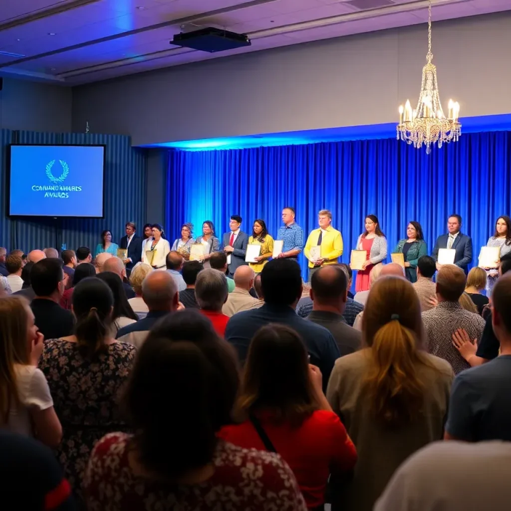 Ceremony honoring local volunteers in Orange County with awardees on stage.