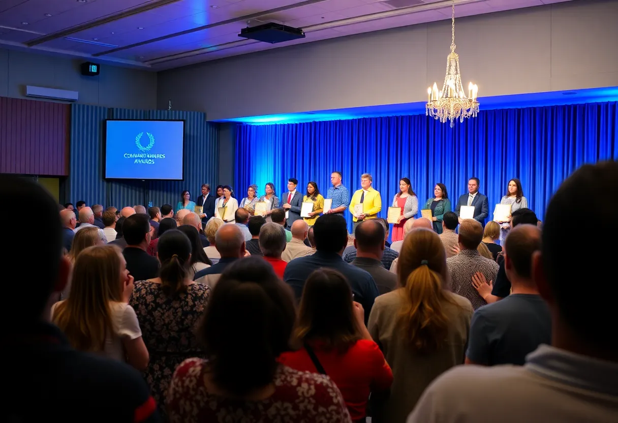 Ceremony honoring local volunteers in Orange County with awardees on stage.