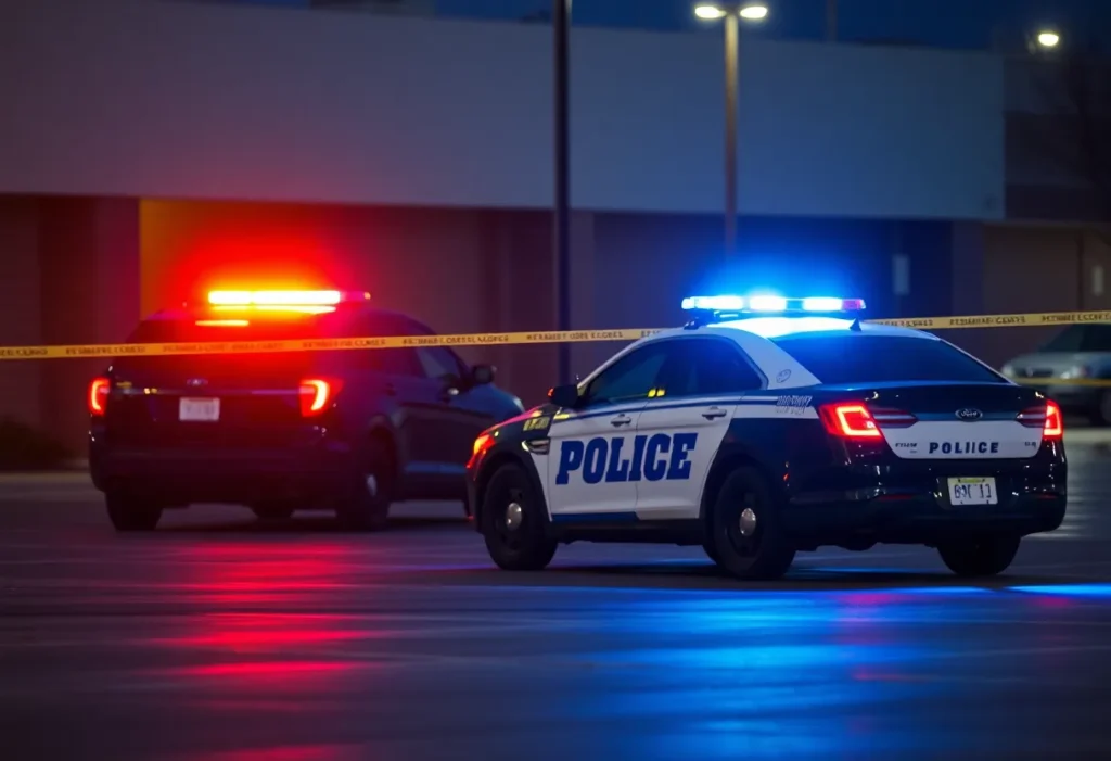 Police cars at a crime scene in Carlsbad with emergency lights on.
