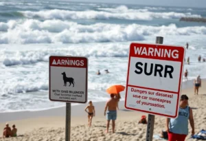 Warning signs on a San Diego beach about dangerous surf conditions.