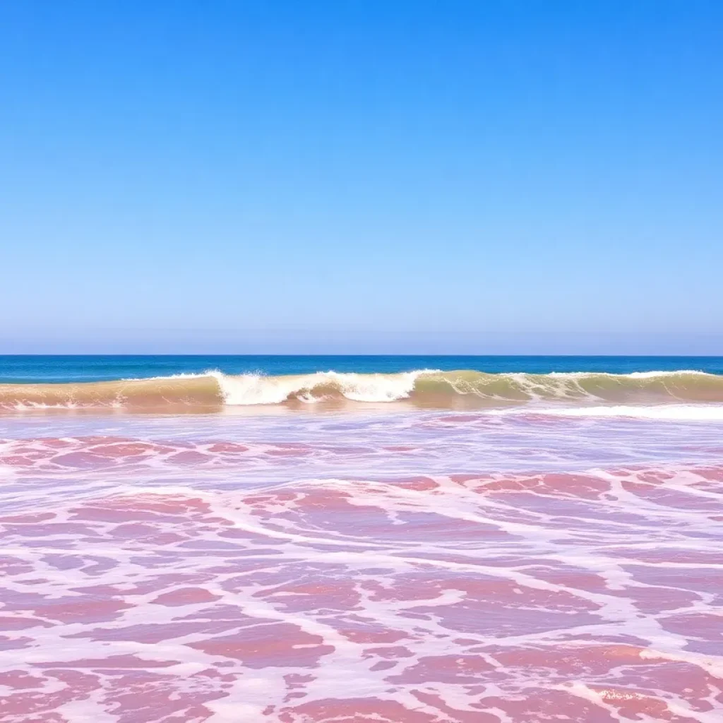 Vibrant pink waves in Santa Monica Bay with surfers