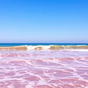 Vibrant pink waves in Santa Monica Bay with surfers