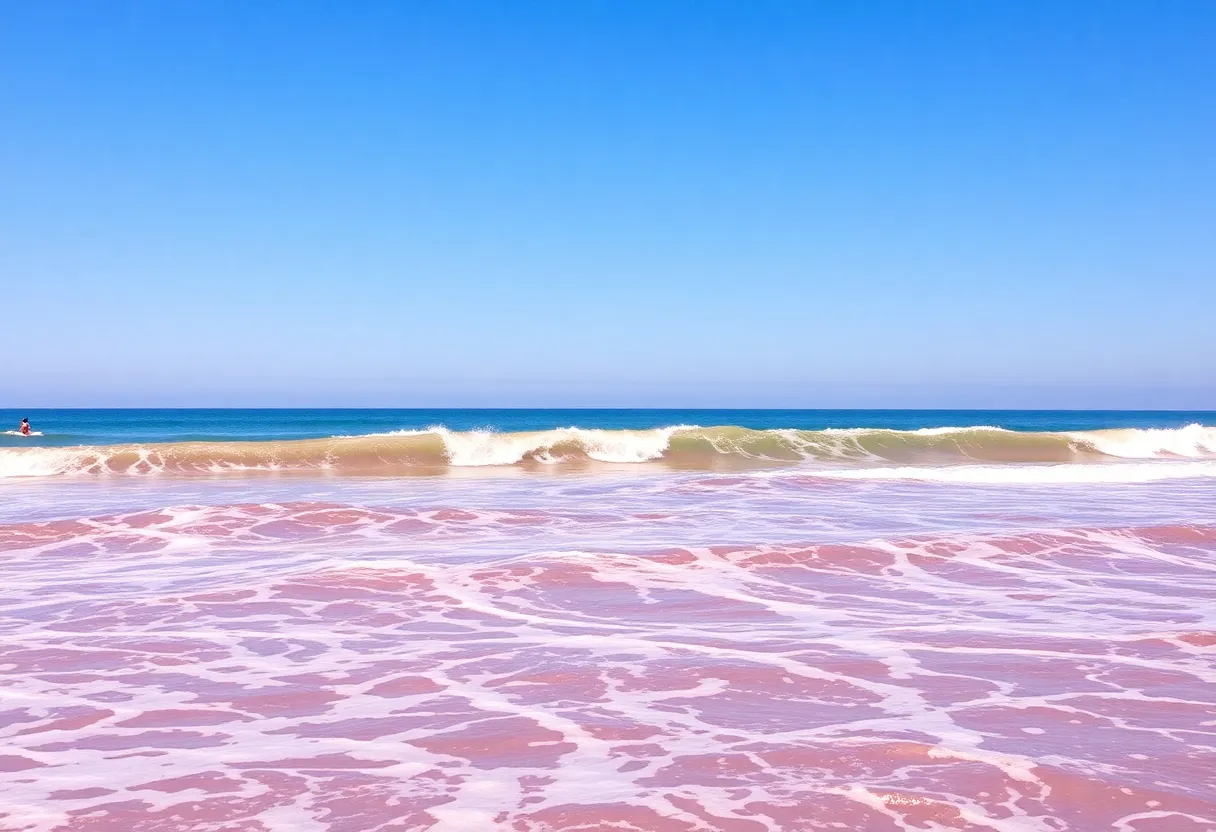 Vibrant pink waves in Santa Monica Bay with surfers