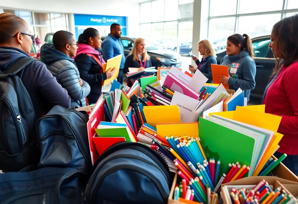 Donation box filled with school supplies at a Car Pros dealership