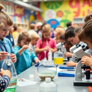 Children participating in hands-on science experiments at Science Nite in Huntington Beach