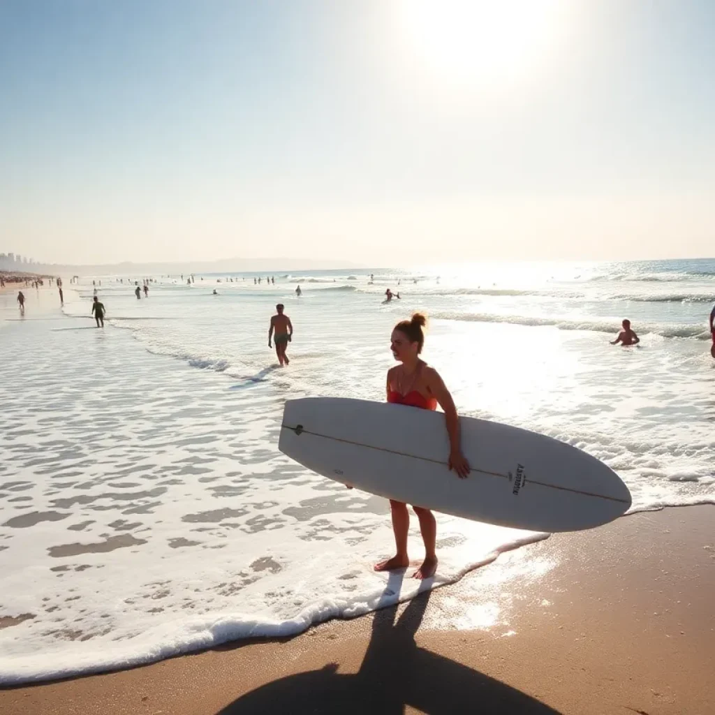 Surfers enjoying the waves at Seal Beach during the July 4th weekend.