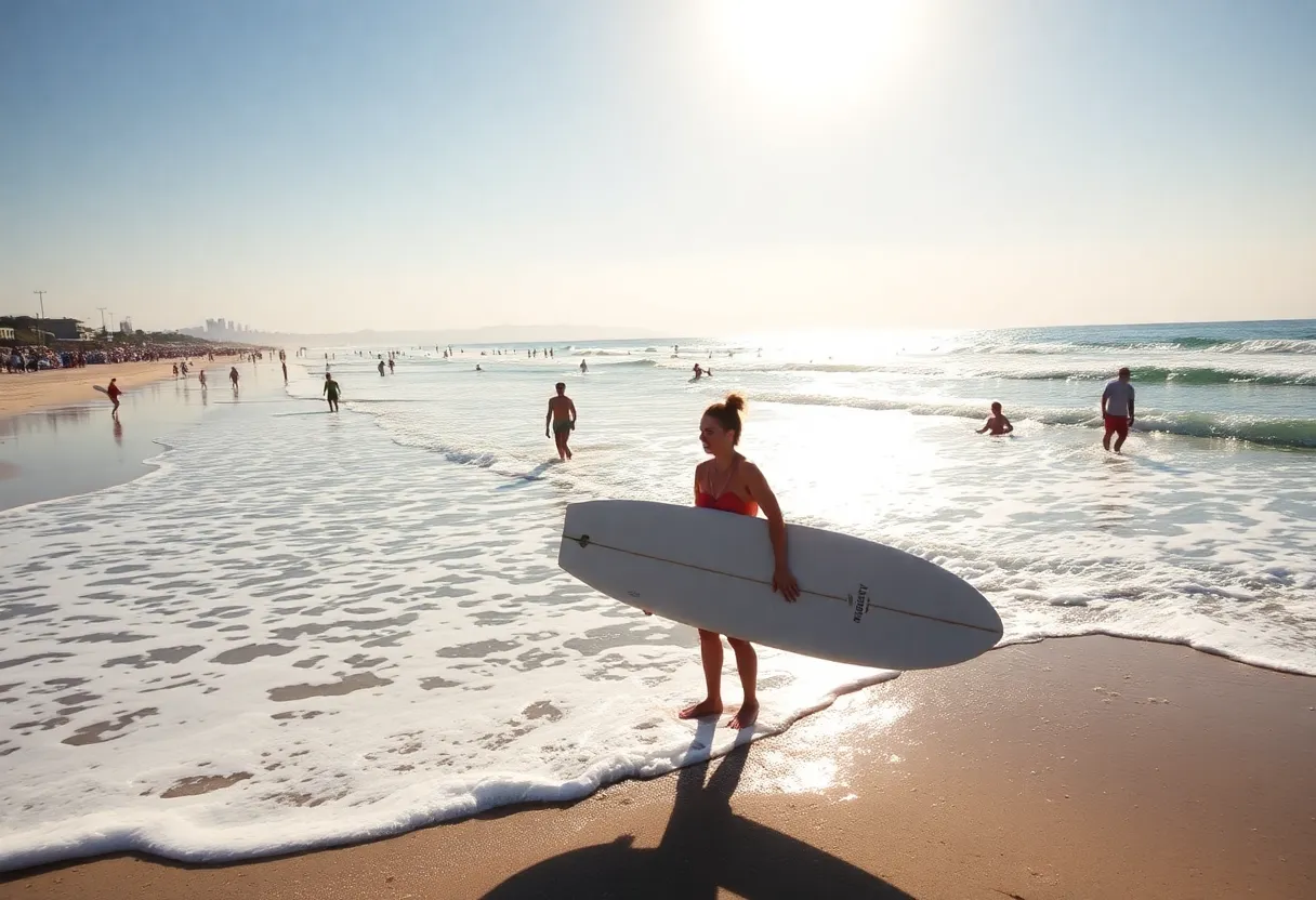 Surfers enjoying the waves at Seal Beach during the July 4th weekend.