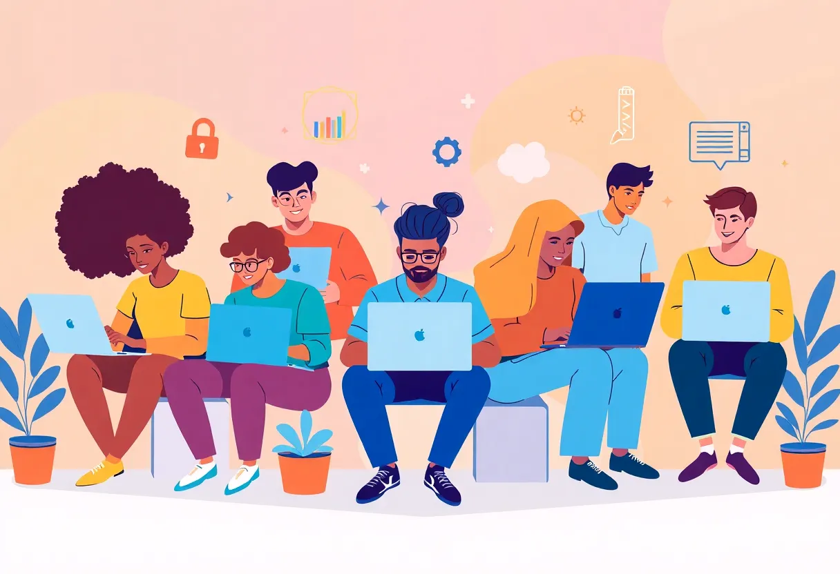 Illustration of solopreneurs working on laptops in a modern workspace.