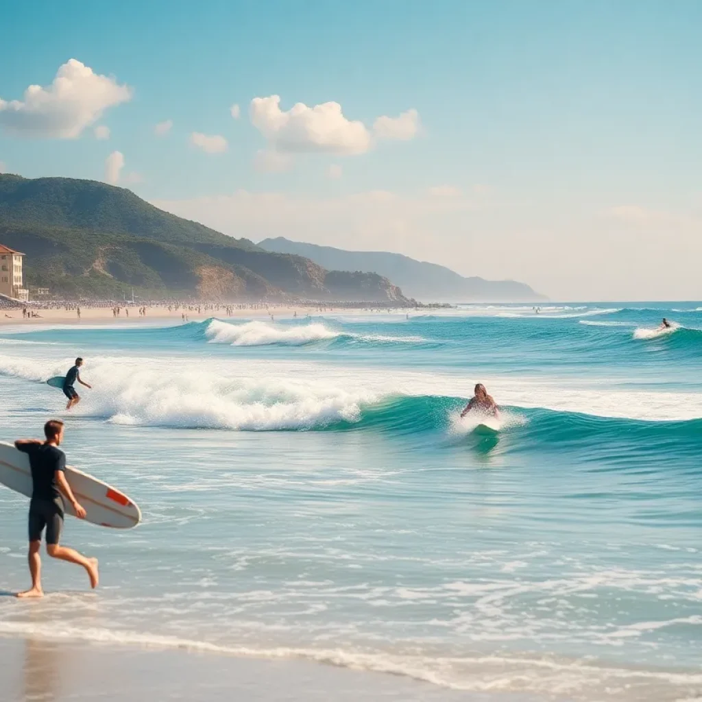 Surfers riding waves at a Southern California beach