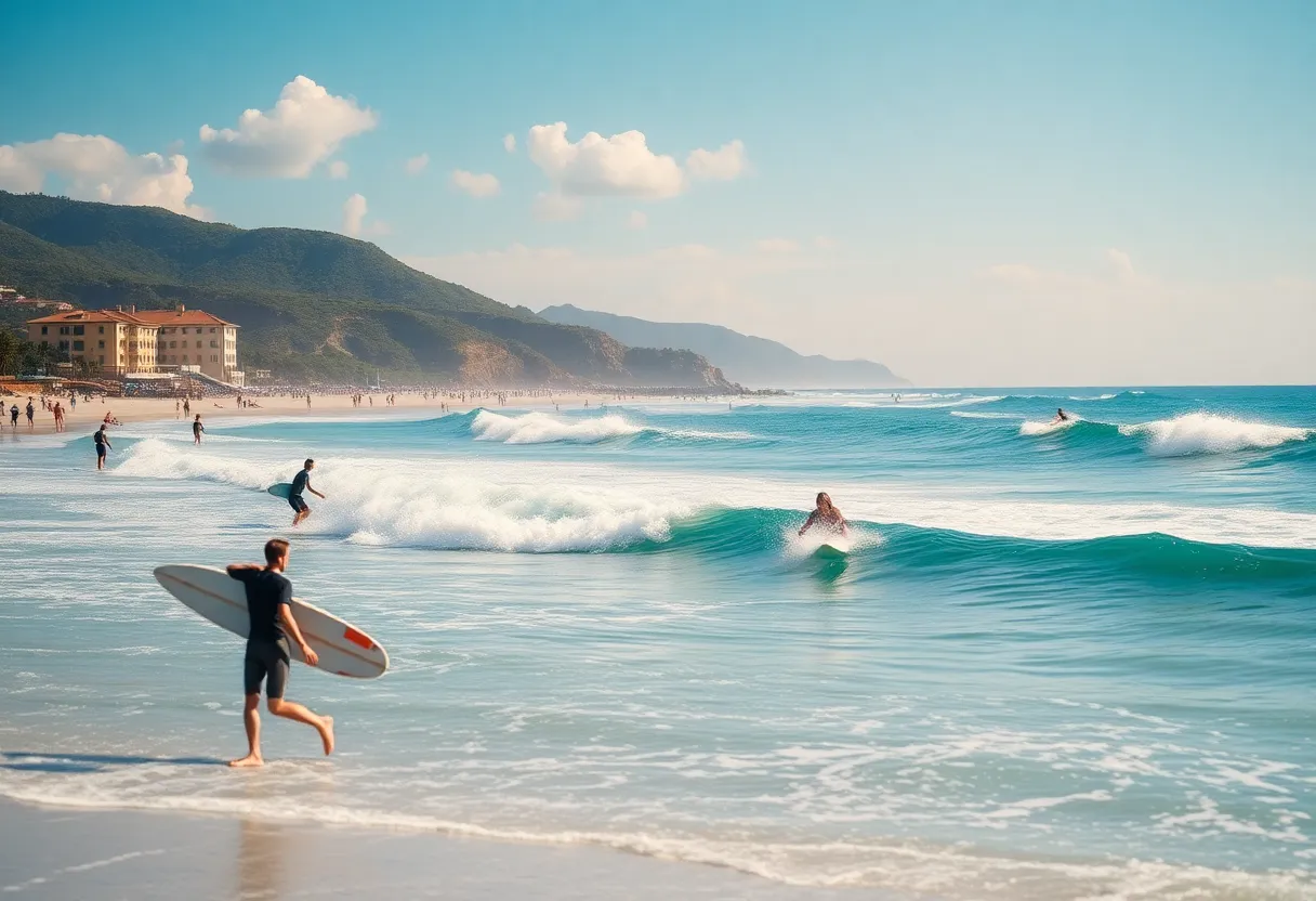 Surfers riding waves at a Southern California beach