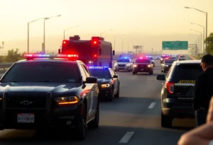 Police vehicles pursuing a stolen big rig on a California freeway.
