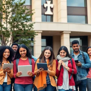 Diverse college students using technology for education
