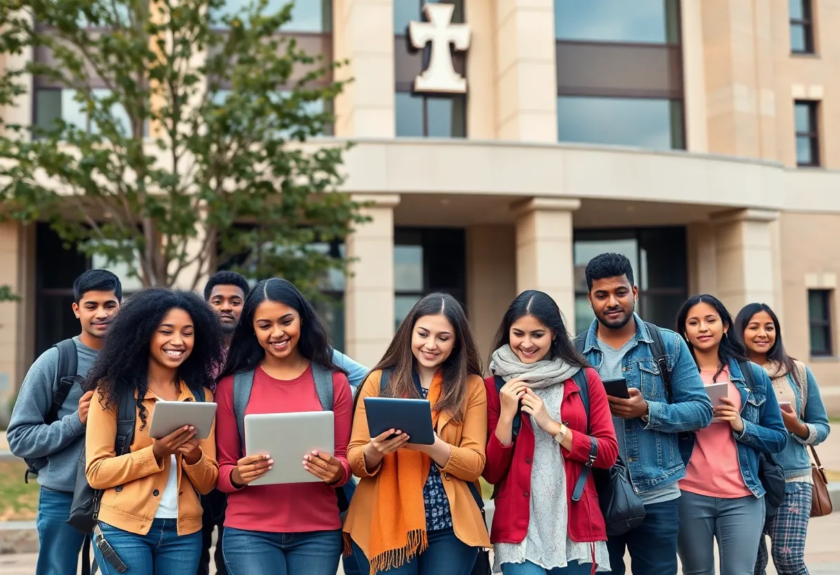 Diverse college students using technology for education
