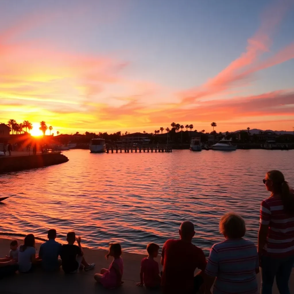 Serene sunset view of Newport Beach with families enjoying time together