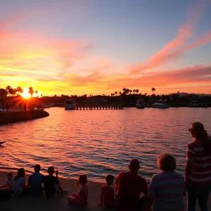 Serene sunset view of Newport Beach with families enjoying time together