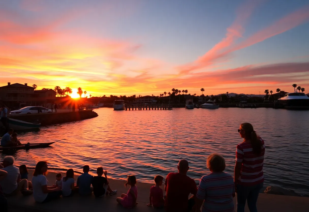 Serene sunset view of Newport Beach with families enjoying time together